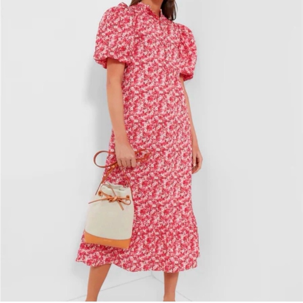 Tuckernuck Mimi Floral Puff-Sleeve Midi Dress in Pink
